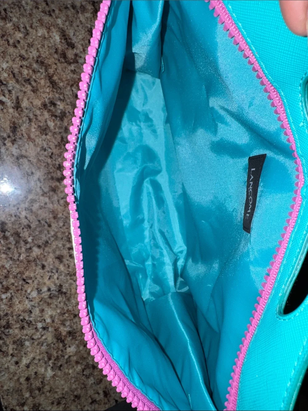 Striped Turquoise & White Cosmetic Bag with Pink Zipper